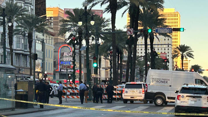 Police tape keeps people away from the scene of a crash that killed 10 and injured more than 30 on Bourbon Steet in New Orleans on Jan. 1, 2025. Police tape keeps people away from the scene of a crash that killed 10 and injured more than 30 on Bourbon Steet in New Orleans on Jan. 1, 2025.