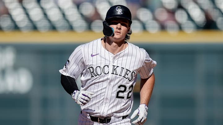 Sep 18, 2025; Denver, Colorado, USA; Colorado Rockies center fielder Mickey Moniak (22) rounds the bases on a two run home run in the ninth inning against the Miami Marlins at Coors Field. Sep 18, 2025; Denver, Colorado, USA; Colorado Rockies center fielder Mickey Moniak (22) rounds the bases on a two run home run in the ninth inning against the Miami Marlins at Coors Field.