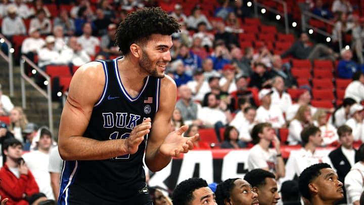Duke Blue Devils forward Cameron Boozer reacts during the second half against the NC State Wolfpack.