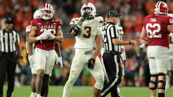 Jan 19, 2026; Miami Gardens, FL, USA; Miami Hurricanes defensive lineman Akheem Mesidor (3) celebrates after a sack against the Indiana Hoosiers in the third quarter during the College Football Playoff National Championship game at Hard Rock Stadium. Mandatory Credit: Sam Navarro-Imagn Images