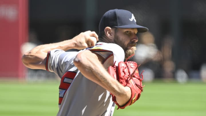Jun 27, 2024; Chicago, Illinois, USA;  Atlanta Braves pitcher Chris Sale (51) delivers against the Chicago White Sox during the first inning at Guaranteed Rate Field. Mandatory Credit: Matt Marton-USA TODAY Sports