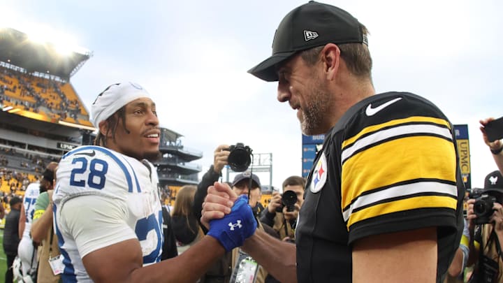 Nov 2, 2025; Pittsburgh, Pennsylvania, USA;  Indianapolis Colts running back Jonathan Taylor (28) and Pittsburgh Steelers quarterback Aaron Rodgers (8) shake hands after playing at Acrisure Stadium. Mandatory Credit: Charles LeClaire-Imagn Images
