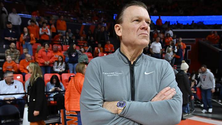 Jan 17, 2026; Champaign, Illinois, USA;  Illinois Fighting Illini head coach Brad Underwood before the first half against the Minnesota Golden Gophers  at State Farm Center. Mandatory Credit: Ron Johnson-Imagn Images