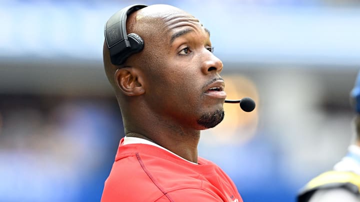 Sep 8, 2024; Indianapolis, Indiana, USA;  Houston Texans head coach DeMeco Ryans reacts to a call during the first quarter against the Indianapolis Colts at Lucas Oil Stadium. Mandatory Credit: Marc Lebryk-Imagn Images