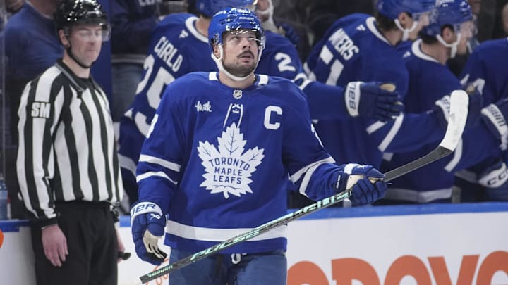 Mar 12, 2026; Toronto, Ontario, CAN; Toronto Maple Leafs forward Auston Matthews (34) looks up at the scoreboard after scoring against the Anaheim Ducks during the second period at Scotiabank Arena. Mandatory Credit: John E. Sokolowski-Imagn Images