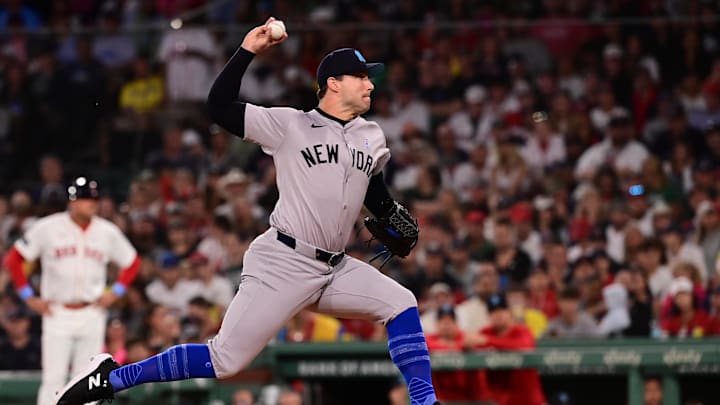 Jun 16, 2024; Boston, Massachusetts, USA; New York Yankees relief pitcher Tommy Kahnle (41) pitches against the Boston Red Sox during the sixth inning at Fenway Park. Mandatory Credit: Eric Canha-Imagn Images