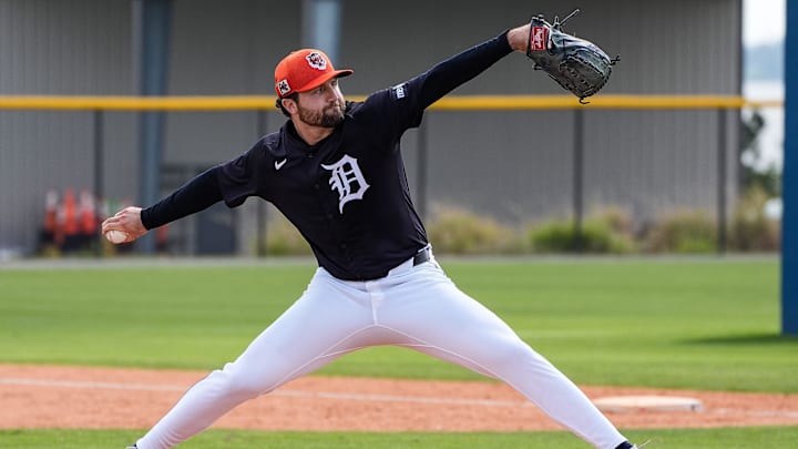 Detroit Tigers pitcher Casey Mize throws live batting practice during spring training at TigerTown in Lakeland, Fla. on Wednesday, Feb. 19, 2025.