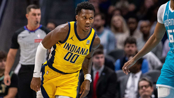 Nov 8, 2024; Charlotte, North Carolina, USA; Indiana Pacers guard Bennedict Mathurin (00) during the first quarter against the Charlotte Hornets at Spectrum Center. Mandatory Credit: Scott Kinser-Imagn Images