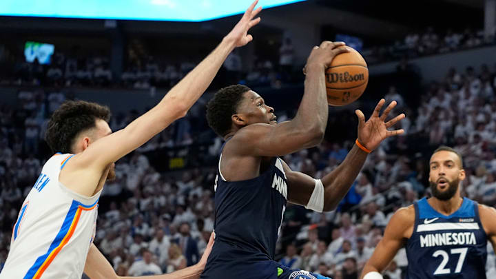 Minnesota Timberwolves guard Anthony Edwards shoots the ball past Oklahoma City Thunder forward Chet Holmgren in the second half during Game 4 of the Western Conference finals at Target Center in Minneapolis on May 26, 2025. Minnesota Timberwolves guard Anthony Edwards shoots the ball past Oklahoma City Thunder forward Chet Holmgren in the second half during Game 4 of the Western Conference finals at Target Center in Minneapolis on May 26, 2025.