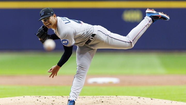 Sep 11, 2023; Milwaukee, Wisconsin, USA; Miami Marlins pitcher Jesus Luzardo (44) throws a pitch during the first inning against the Milwaukee Brewers at American Family Field. Sep 11, 2023; Milwaukee, Wisconsin, USA; Miami Marlins pitcher Jesus Luzardo (44) throws a pitch during the first inning against the Milwaukee Brewers at American Family Field.