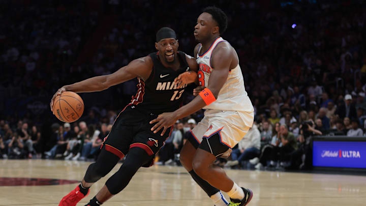 Mar 2, 2025; Miami, Florida, USA; Miami Heat center Bam Adebayo (13) drives to the basket against New York Knicks forward OG Anunoby (8) during overtime at Kaseya Center. Mandatory Credit: Sam Navarro-Imagn Images Mar 2, 2025; Miami, Florida, USA; Miami Heat center Bam Adebayo (13) drives to the basket against New York Knicks forward OG Anunoby (8) during overtime at Kaseya Center. Mandatory Credit: Sam Navarro-Imagn Images