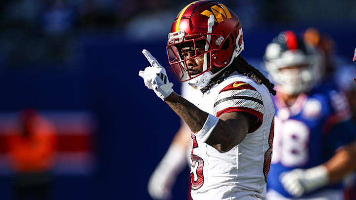 Washington Commanders wide receiver Noah Brown (85) reacts after a reception against the New York Giants Washington Commanders wide receiver Noah Brown (85) reacts after a reception against the New York Giants