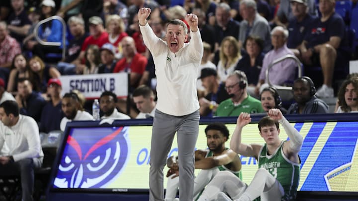 Jan 28, 2024; Boca Raton, Florida, USA; North Texas Mean Green head coach Ross Hodge reacts from the sideline against the Florida Atlantic Owls during the first half at Eleanor R. Baldwin Arena. Mandatory Credit: Sam Navarro-Imagn Images