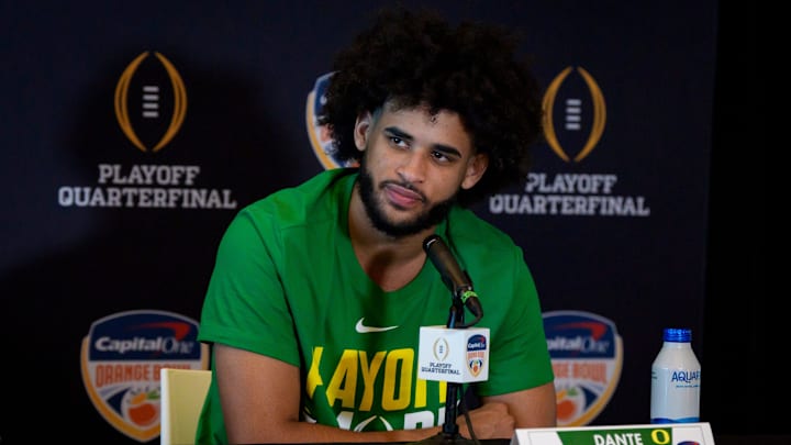 Oregon quarterback Dante Moore speaks during the Oregon Ducks media day ahead of Orange Bowl on Dec. 30, 2025, at Hard Rock Stadium in Miami, Florida.