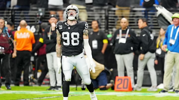Oct 12, 2025; Paradise, Nevada, USA; Las Vegas Raiders defensive end Maxx Crosby (98) reacts after a play during the second half against the Tennessee Titans at Allegiant Stadium. Mandatory Credit: Stephen R. Sylvanie-Imagn Images Oct 12, 2025; Paradise, Nevada, USA; Las Vegas Raiders defensive end Maxx Crosby (98) reacts after a play during the second half against the Tennessee Titans at Allegiant Stadium. Mandatory Credit: Stephen R. Sylvanie-Imagn Images