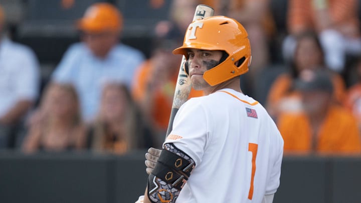 Tennessee's Nate Snead (7) at bat during the NCAA college baseball Knoxville Regional final against Wake Forest on June 2, 2025, in Knoxville, Tenn.