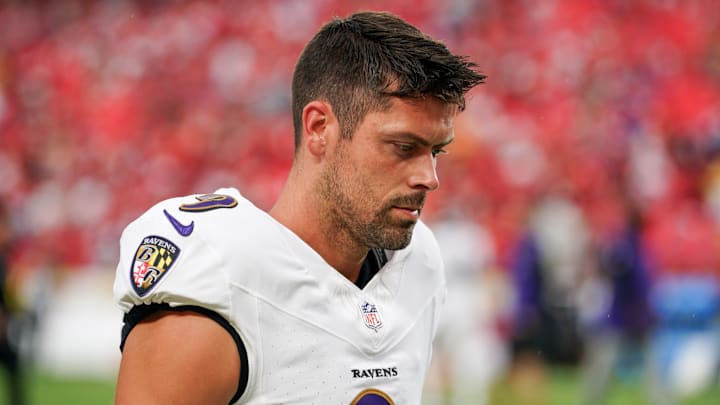 Baltimore Ravens kicker Justin Tucker (9) warms up against the Kansas City Chiefs prior to a game at GEHA Field at Arrowhead Stadium.