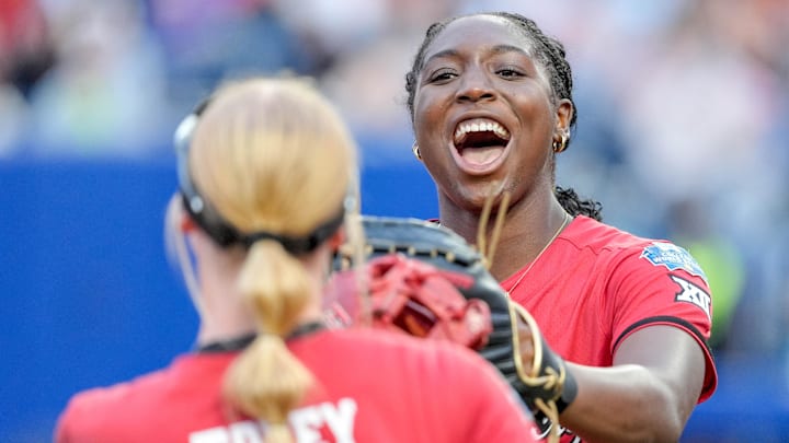Texas Tech starting pitcher/relief pitcher NiJaree Canady (24) celebrates with teammates in the fourth inning during game 3 between Texas Tech and Ole Miss at the Women’s College World Series at Devon Park in Oklahoma City, on Thursday, May 29, 2025.
