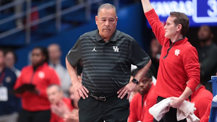 Houston Cougars head coach Kelvin Sampson looks back during the game inside Allen Fieldhouse on Monday, Feb. 23, 2026. Houston Cougars head coach Kelvin Sampson looks back during the game inside Allen Fieldhouse on Monday, Feb. 23, 2026.