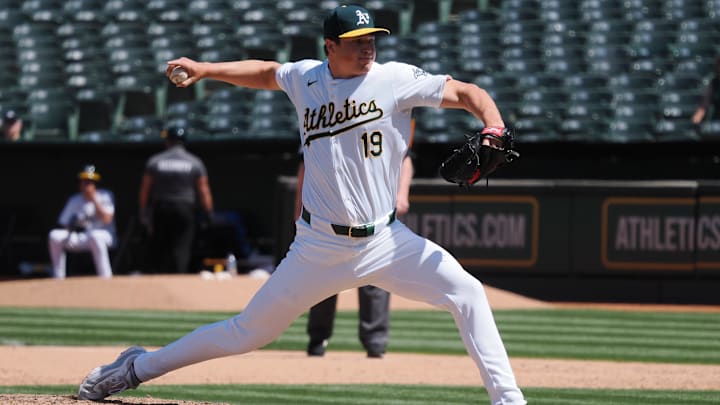 May 1, 2024; Oakland, California, USA; Oakland Athletics relief pitcher Mason Miller (19) pitches