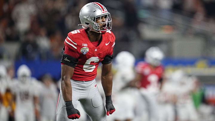 Ohio State Buckeyes safety Sonny Styles (6) celebrates a defensive stop during the first half of the Cotton Bowl Classic College Football Playoff semifinal game against the Texas Longhorns at AT&T Stadium in Arlington, Texas on Jan. 10, 2025.