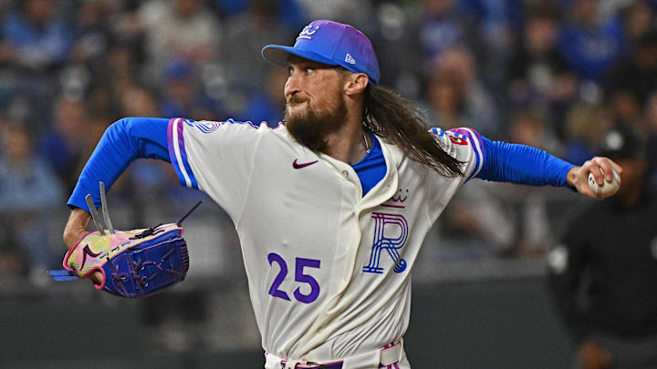 Apr 24, 2026; Kansas City, Missouri, USA;  Kansas City Royals relief pitcher Matt Strahm (25) throws a pitch in the eighth inning against the Los Angeles Angels at Kauffman Stadium. Mandatory Credit: Peter Aiken-Imagn Images