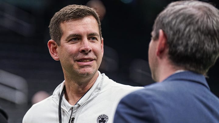 Feb 6, 2025; Boston, Massachusetts, USA; Boston Celtics general manager Brad Stevens on the court before the start of the game against the Dallas Mavericks at TD Garden. Mandatory Credit: David Butler II-Imagn Images