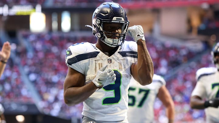 Oct 20, 2024; Atlanta, Georgia, USA; Seattle Seahawks running back Kenneth Walker III (9) celebrates after a touchdown catch against the Atlanta Falcons in the third quarter at Mercedes-Benz Stadium. Mandatory Credit: Brett Davis-Imagn Images Oct 20, 2024; Atlanta, Georgia, USA; Seattle Seahawks running back Kenneth Walker III (9) celebrates after a touchdown catch against the Atlanta Falcons in the third quarter at Mercedes-Benz Stadium. Mandatory Credit: Brett Davis-Imagn Images