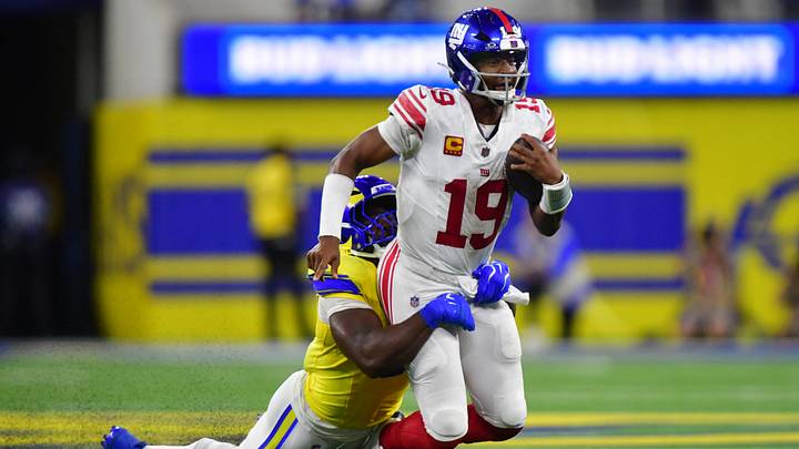Sep 21, 2026; Inglewood, California, USA; New York Giants quarterback Jameis Winston (19) is tackled by Los Angeles Rams linebacker Byron Young (0) during the third quarter at SoFi Stadium. Mandatory Credit: Gary A. Vasquez-Imagn Images Sep 21, 2026; Inglewood, California, USA; New York Giants quarterback Jameis Winston (19) is tackled by Los Angeles Rams linebacker Byron Young (0) during the third quarter at SoFi Stadium. Mandatory Credit: Gary A. Vasquez-Imagn Images
