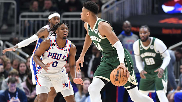 Mar 4, 2023; Milwaukee, Wisconsin, USA; Milwaukee Bucks forward Giannis Antetokounmpo (34) dribbles the ball against Philadelphia 76ers guard Tyrese Maxey (0) in the second half at Fiserv Forum. Mandatory Credit: Michael McLoone-Imagn Images Mar 4, 2023; Milwaukee, Wisconsin, USA; Milwaukee Bucks forward Giannis Antetokounmpo (34) dribbles the ball against Philadelphia 76ers guard Tyrese Maxey (0) in the second half at Fiserv Forum. Mandatory Credit: Michael McLoone-Imagn Images