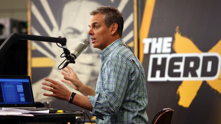 Feb 1, 2016; San Francisco, CA, USA; Radio personality Colin Cowherd broadcasts on radio row at the Moscone Center in advance of Super Bowl 50 between the Carolina Panthers and the Denver Broncos. Mandatory Credit: Jerry Lai-Imagn Images