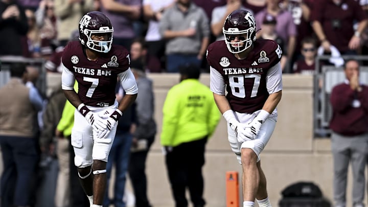 Dec 20, 2025; College Station, TX, USA; Texas A&M Aggies tight end Nate Boerkircher (87) and wide receiver KC Concepcion (7) line up during the first half against the Miami Hurricanes at Kyle Field. Mandatory Credit: Maria Lysaker-Imagn Images Dec 20, 2025; College Station, TX, USA; Texas A&M Aggies tight end Nate Boerkircher (87) and wide receiver KC Concepcion (7) line up during the first half against the Miami Hurricanes at Kyle Field. Mandatory Credit: Maria Lysaker-Imagn Images