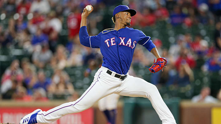 Sep 14, 2019; Arlington, TX, USA; Texas Rangers relief pitcher Emmanuel Clase (43) comes on to pitch during the top of the eight inning against the Oakland Athletics at Globe Life Park in Arlington. 