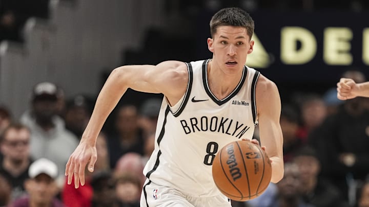 Feb 22, 2026; Atlanta, Georgia, USA; Brooklyn Nets guard Egor Demin (8) dribbles against the Atlanta Hawks during the first half at State Farm Arena. Mandatory Credit: Dale Zanine-Imagn Images