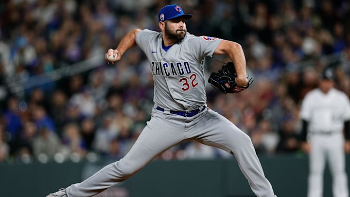 Sep 11, 2023; Denver, Colorado, USA; Chicago Cubs relief pitcher Michael Fulmer (32) pitches in the ninth inning against the Colorado Rockies at Coors Field. Mandatory Credit: Isaiah J. Downing-Imagn Images