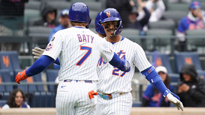 May 28, 2025; New York, New York, USA; New York Mets third baseman Mark Vientos (27) celebrates with New York Mets third baseman Brett Baty (7) after hitting a home run during the third inning against the Chicago White Sox at Citi Field. Mandatory Credit: Lucas Boland-Imagn Images
