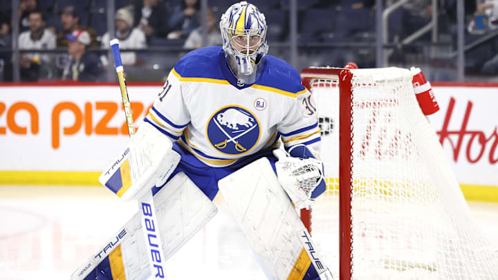 Nov 17, 2023; Winnipeg, Manitoba, CAN; Buffalo Sabres goaltender Eric Comrie (31) looks on prior to