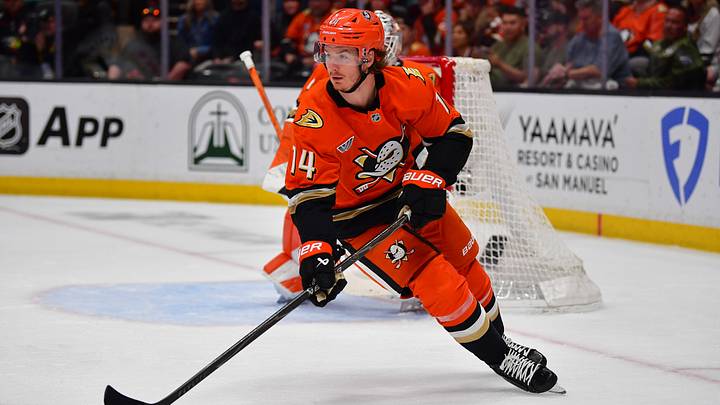 May 8, 2026; Anaheim, California, USA; Anaheim Ducks defenseman Drew Helleson (14) moves the puck against the Vegas Golden Knights during the first period in game three of the second round of the 2026 Stanley Cup Playoffs at Honda Center. Mandatory Credit: Gary A. Vasquez-Imagn Images
