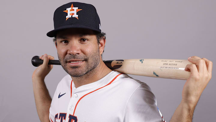 Feb 20, 2025; West Palm Beach, FL, USA; Houston Astros second base Jose Altuve (27) poses for a photo at the Houston Astros media day. Feb 20, 2025; West Palm Beach, FL, USA; Houston Astros second base Jose Altuve (27) poses for a photo at the Houston Astros media day.