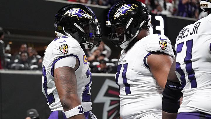 Oct 11, 2026; Atlanta, Georgia, USA; Baltimore Ravens running back Derrick Henry (22) celebrates with guard Vega Ioane (71) after scoring a touchdown during the third quarter against the Atlanta Falcons at Mercedes-Benz Stadium. Mandatory Credit: Dale Zanine-Imagn Images Oct 11, 2026; Atlanta, Georgia, USA; Baltimore Ravens running back Derrick Henry (22) celebrates with guard Vega Ioane (71) after scoring a touchdown during the third quarter against the Atlanta Falcons at Mercedes-Benz Stadium. Mandatory Credit: Dale Zanine-Imagn Images