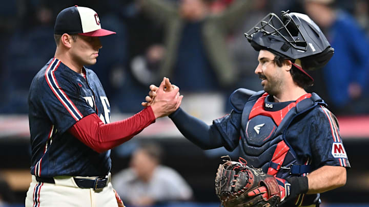 May 8, 2026: Cleveland Guardians relief pitcher Cade Smith (36) celebrates with catcher Austin Hedges (27) after the Guardians beat the Minnesota Twins at Progressive Field. 