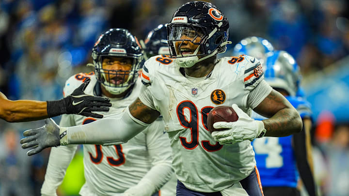 Gervon Dexter celebrates after coming up with a fumble in the red zone Thursday. Bears interim coach Thomas Brown should  benefit from a defense still giving 100% effort after six straight losses.