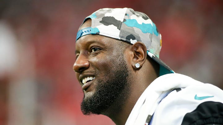 Aug 27, 2022; Atlanta, Georgia, USA; Jacksonville Jaguars offensive tackle Cam Robinson (74) on the sideline against the Atlanta Falcons in the second half at Mercedes-Benz Stadium. Mandatory Credit: Brett Davis-Imagn Images