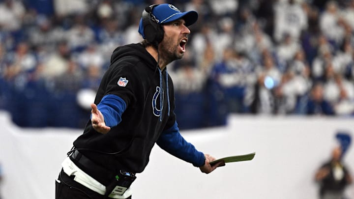 Dec 22, 2024; Indianapolis, Indiana, USA; Indianapolis Colts head coach Shane Steichen reacts to a call during the second half against the Tennessee Titans at Lucas Oil Stadium. Mandatory Credit: Marc Lebryk-Imagn Images