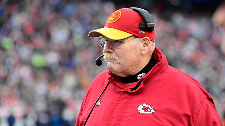 Dec 17, 2023; Foxborough, Massachusetts, USA; Kansas City Chiefs head coach Andy Reid  watches from the sideline during the second half against the New England Patriots at Gillette Stadium. Mandatory Credit: Eric Canha-Imagn Images