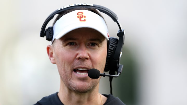 Nov 18, 2023; Los Angeles, California, USA; USC Trojans head coach Lincoln Riley during the second quarter against the UCLA Bruins at United Airlines Field at Los Angeles Memorial Coliseum. Mandatory Credit: Jason Parkhurst-Imagn Images