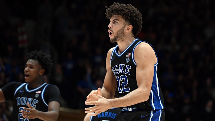 Dec 2, 2025; Durham, North Carolina, USA; Duke Blue Devils forward Cameron Boozer (12) reacts during the second half against the Florida Gators at Cameron Indoor Stadium. The Blue Devils won 67-66. Mandatory Credit: Rob Kinnan-Imagn Images Dec 2, 2025; Durham, North Carolina, USA; Duke Blue Devils forward Cameron Boozer (12) reacts during the second half against the Florida Gators at Cameron Indoor Stadium. The Blue Devils won 67-66. Mandatory Credit: Rob Kinnan-Imagn Images