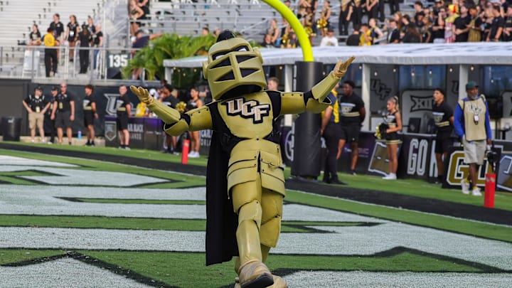 Aug 29, 2024; Orlando, Florida, USA; UCF Knights mascot Nitro performs before the game against the New Hampshire Wildcats at FBC Mortgage Stadium. Mandatory Credit: Mike Watters-Imagn Images