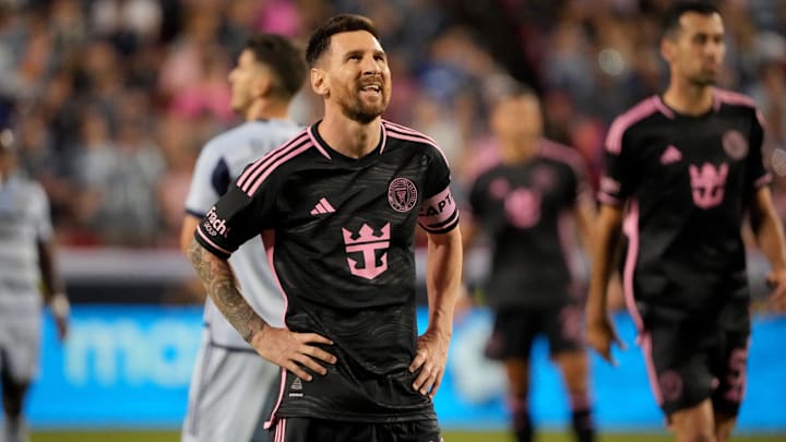 Apr 13, 2024; Kansas City, Kansas, USA; Inter Miami CF forward Lionel Messi (10) reacts after a play.