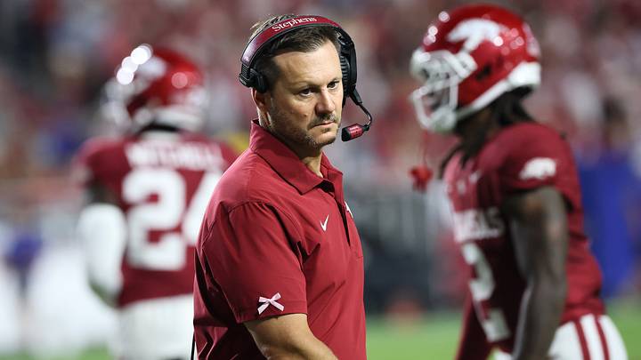 Arkansas Razorbacks head coach Ryan Silverfield during the third quarter against the Tulsa Golden Hurricanes at Razorback Stadium. Arkansas Razorbacks head coach Ryan Silverfield during the third quarter against the Tulsa Golden Hurricanes at Razorback Stadium.